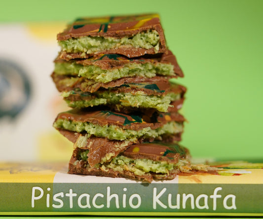 Stack of Pistachio Kunafa on a green background with 'Pistachio Kunafa' text.